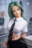 Doll with green hair and a white shirt with a black tie in a blurred indoor setting