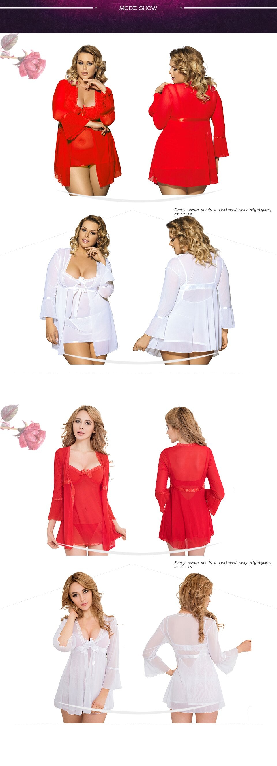 Up to XXXL Sexy Lingerie Divine Soft Nightgown Top +G string+Coat - Own Pleasures