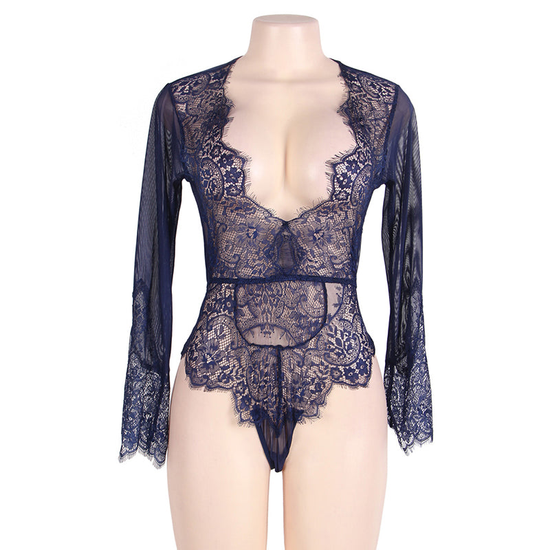 Up to 5XL Lace Elegant and Sexy V Neck Long Sleeve Bodysuit - Own Pleasures