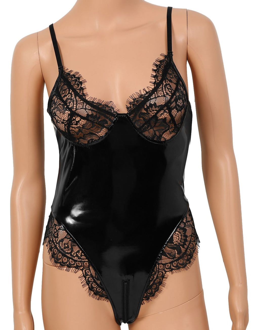 Zipped Crotchless Latex Lace Bodysuit - Own Pleasures