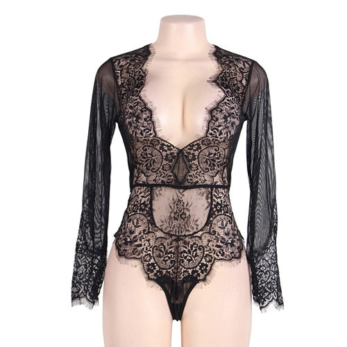 Up to 5XL Lace Elegant and Sexy V Neck Long Sleeve Bodysuit - Own Pleasures