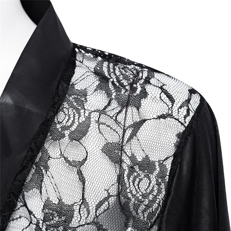 Up to XL Satin Lace Black Kimono | Sleepwear Robe - Own Pleasures