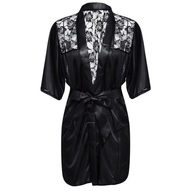 Up to XL Satin Lace Black Kimono | Sleepwear Robe - Own Pleasures